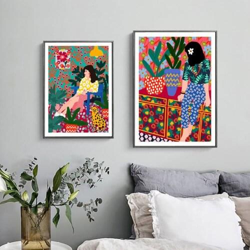 Cartoon Girl Poster Flowers Canvas Painting Nordic Wall Art Print Fashion Modern Picture For Living Room On The Wall Home Decor