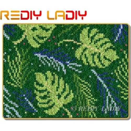 Latch Hook Rug Kits Crocheting Carpet Rug Green Leaves Acrylic Yarn Pre-Printed Canvas Cushion Mat DIY Crochet Tapestry Crafts
