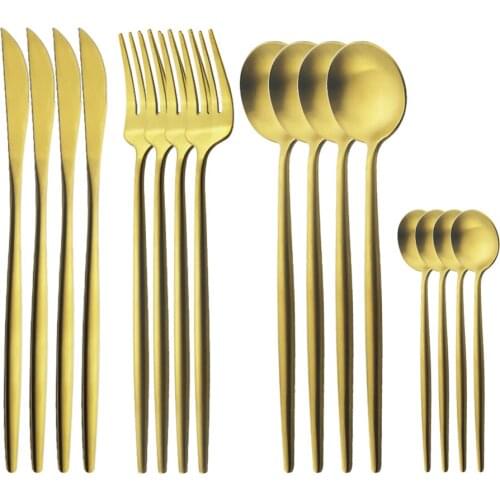 16Pcs Gold Round Handle Tableware Cutlery Set 304 Stainless Steel Dinnerware Set Knife Fork Spoon Flatware Set Dishwasher Safe