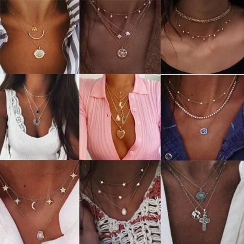 UODCM Boho Multi-element Crystal Necklaces For Women Fashion Gold Necklace Vintage Multiple Layers Pendant Necklace Jewelry