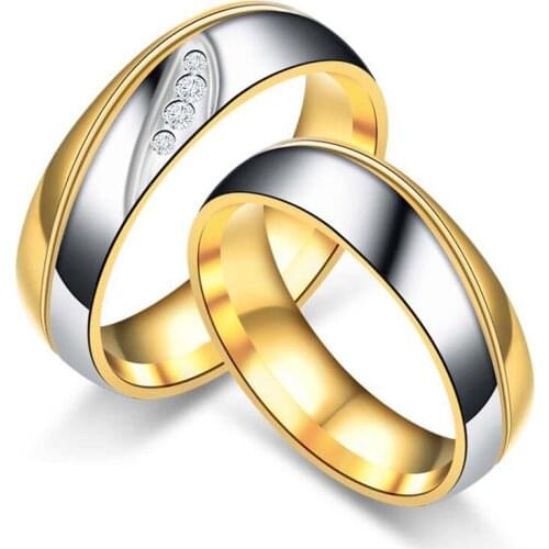 Romantic Wedding Rings for Lover Gold-Color Stainless Steel Couple Rings Crystals Anti-Allergy Ring Engagement Party Jewelry New