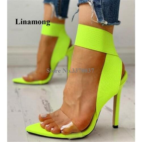 New Fashion Women Pointed Open Toe Yellow Banded Stiletto Heel Gladiator Sandals Elastic PVC Straps High Heel Sandals Dress Heel
