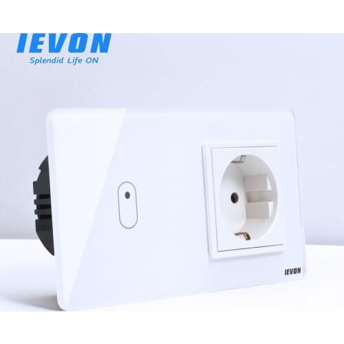 IEVON EU standard Touch Switch, Crystal Glass Panel, AC 220~250V 16A Wall Socket plug with Light Switch