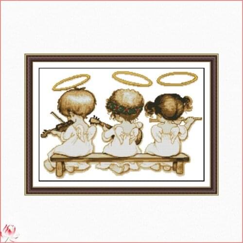 Three Little Angels Played The Violin Patterns Counted 11CT 14CT Character DIY Cross Stitch Sets Embroidery Needlework Home Deco