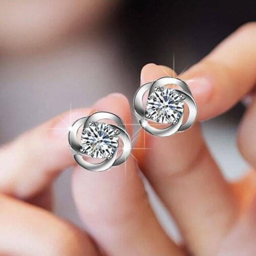 YANHUI New Arrival Jewelry 925 Sterling Silver Twist Stackable Flower Zircon Crystal Stud Earrings for Women Girl Pendientes