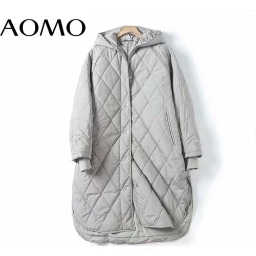 AOMO Women Gray Oversize Long Parkas Thick 2021 Autumn Winter Long Sleeve Buttons Pockets Female Warm Coat 6W05A