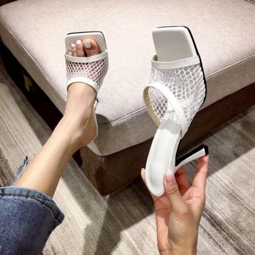 2021 New Sexy PU Square Head Peep Toe High Heel Mesh Slippers Summer Fashion Slip on Thin Heels Slides Women Mules Party