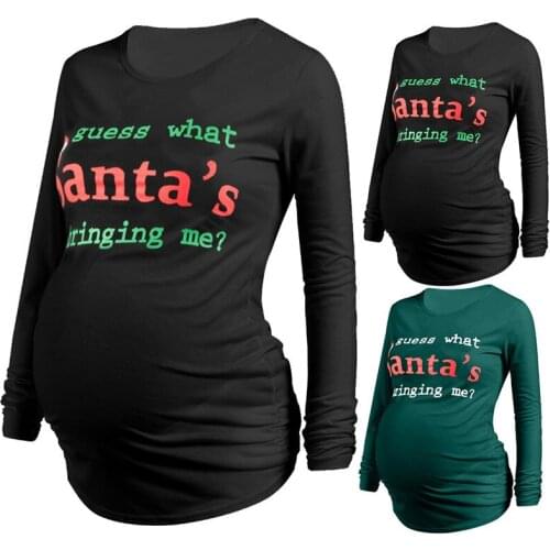 Maternity Woman Christmas Holiday T-Shirts Spring Autumn Pregnancy Female Letter Print Tops Clothes Full Sleeve Casual Clothings