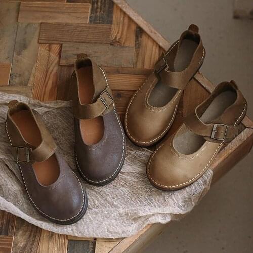 Women Handmade Soft Leather Mary Jane Shoes Flats Retro Round Toe Designer Shoes Coffee/Brown