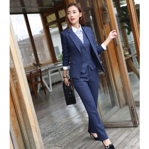 High Quality Fiber - Formal Women Business Suits 3 Piece Vest, Pant and Jacket Set Blue Blazer Ladies Office Uniform Style