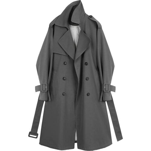 Mid-length Women Double-breasted Gray Trench Coat Plus Sashes Loose Lapel Long Sleeve Windbreaker Casual Korean Spring Fall 2021
