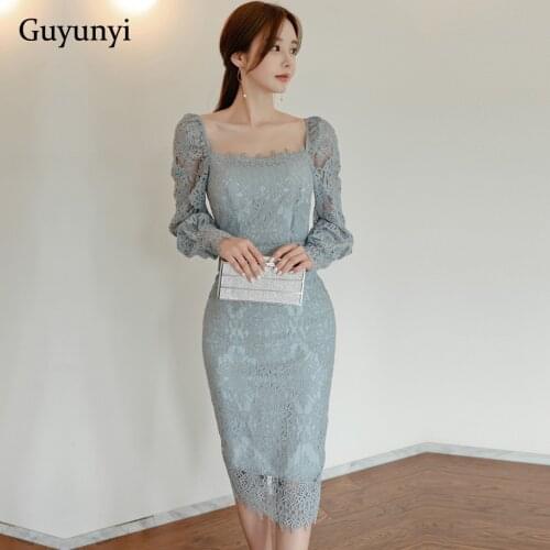 Plain Elegant Party Dress 2021 Spring Fashion Square Collar Puff Sleeve Temperament High Waist Tight Sexy Lace Dress Women