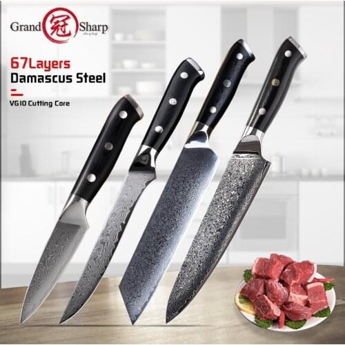 Grandsharp 4 Pcs Damascus Knife Set 67 Layers vg10 Japanese Damascus Steel Chef Boning Kiritsuke Paring Kitchen Knive G10 Handle