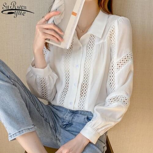 Elegant Lapel White Shirts 2021 Lace Shirt Long Sleeve Hollow Out Splicing Shirt Korean Clothes Women Top and Blouse 13365