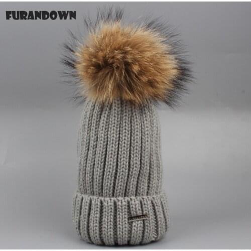 FURANDOWN Brand Winter Hat For Kids Boys Girls Thick Knitted Cap Real Raccoon Fur Pompom Hat 3-10 years