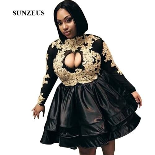 Short Black Prom Dress With Gold Appliques Beads High Neck Long Sleeves Party Gowns For Girls robe de bal courte