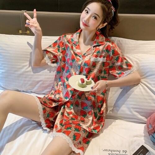 Summer Cardigan Short Sleeve Womens Viscose Pajamas Womens Summer Big Brand Printed Imitated Silk Fabric Tracksuit Silk Pajama