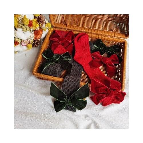 Lovely Baby Girl Cotton Socks with Velvet Bow Soft Winter Warm Solid Knee High/Crew Socks for Infants Toddlers Accessories