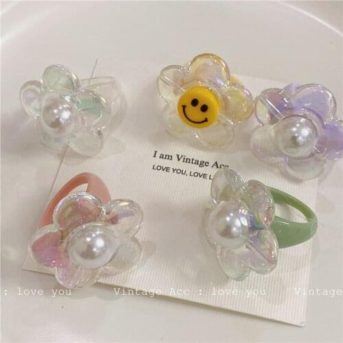 Fashion New Acrylic Flower Pearl Inlaid Transparent Ring Flower Smiley Gradient Flower Childrens Outing All-match Party Gift