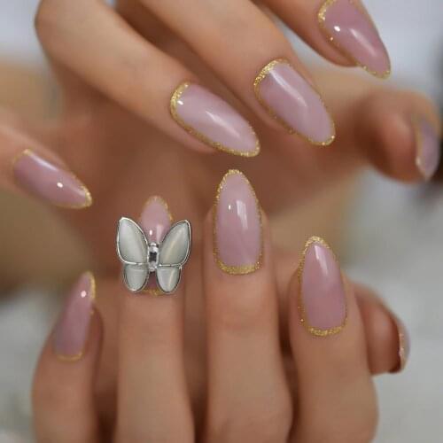 Fashion 3D Butterfly Pink Marble Stiletto Fake Nails Almond Oval Gold Glitter Press on UV Finger False Nails with Sticker Tabs