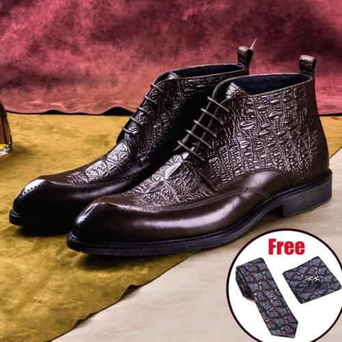 Men winter Boots Genuine cow leather chelsea boots brogue casual ankle flat shoes Comfortable quality lace up dress boots 2020