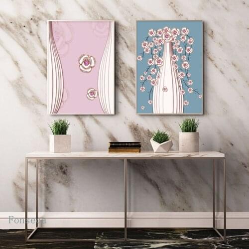 Nordic Pink And Blue Flower Wall Decoration Canvas Painting Wall Art Poster Print Decorative Picture for Wedding Room Home Decor