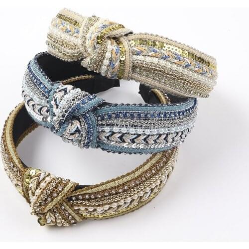 New Girl Pearl Sequins Simple Headband Korean Small Incense Wind Knotted Hair Accessories Fashion Wide Headband