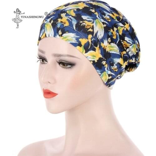 New Style Women Breathe Hat New Womens Hijabs Turban Elastic Cloth Head Cap Hat Ladies Hair Accessories Print Muslim Scarf Cap