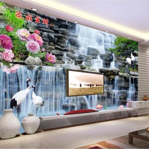 Beibehang Custom Wallpaper 3D Water Purple Peony Rockery Crane Waterfall Mural 3D Living Room Bedroom TV Background Wall paper