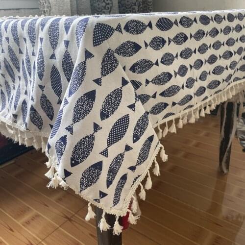 Thicken Cotton Linen Tablecloth Simple Blue Fish Print Cover Japanese Style Washable Table Cloth for Wedding Tea Table