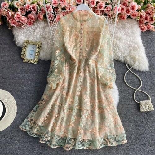 Floral Embroidery Mesh Dress 2021 Spring Chic Women Button Large Hem Long Sleeve Lace Dress Ladies Long Western Party Vestidos