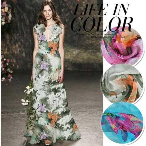 1 meter lily flower printed chiffon fabric for sewing 6 momme pure silk material thin soft cloth DIY handwork per meter