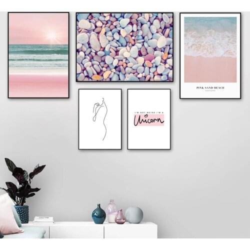 Nordic Paintings Pink Seascape Stone Canvas Minimalist Printed Poster Home Decoration Modular Wall Art Pictures Living Room