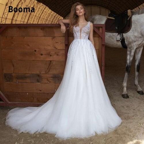 Booma Luxury Beading Wedding Dresses Plus Size 2019 V-neck Boho Bridal Gowns Princess Tulle Wedding Gown Country Party Dress