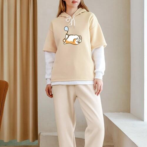 Corgi Dog Graphic Sweatshirt Y2k Color Block Hoodie Plus Size Warm Women Hoodies Drop Shoulder Thermal Clothes Pastel Cute Coat