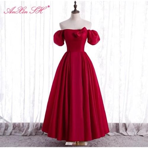 AnXin SH princess wine red satin evening dress vintage party boat neck puff short sleeve little bow a line bride evening dress