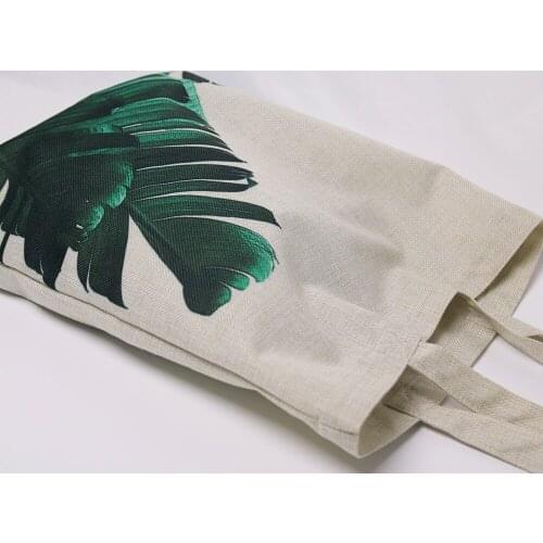 High Quality Linen Shopping Bag Reusable Casual Totes For Vegan Green Leaf Printed Bag Hot Selling