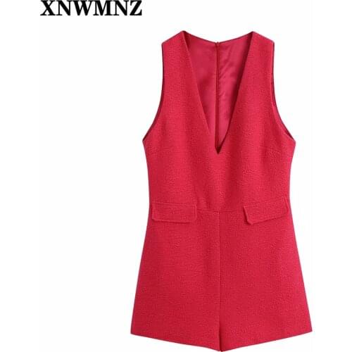 XNWMNZ Za women 2021 Vintage V Neck Tweed Playsuits Female Casual Back Zipper Sleeveless Rompers Ladies Casual Chic Jumpsuits