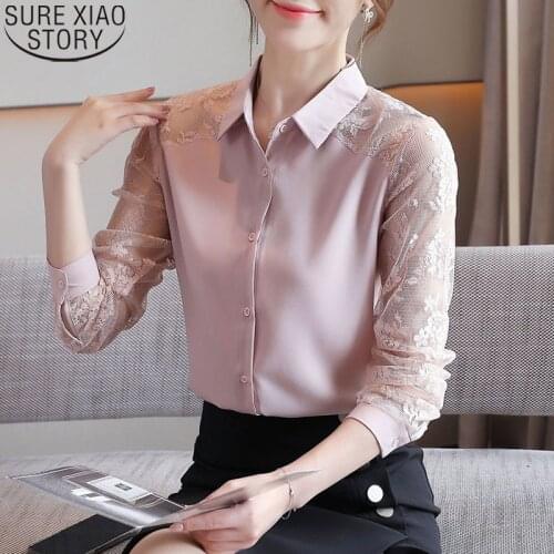 2021 New Office Lady Pink Blouse Women Korean Fashion Lace Chiffon Long Sleeve Blouse Women Elegant Tops Blusas Mujer 11491