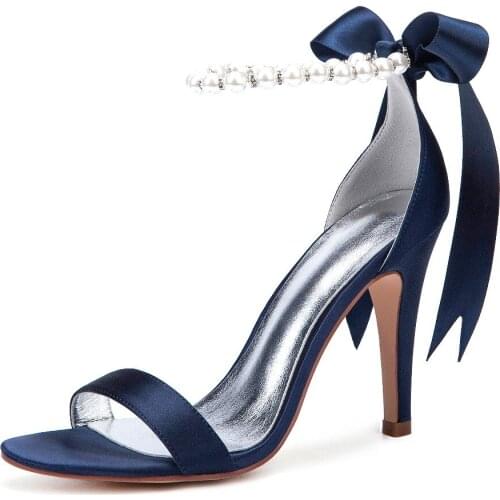 Womens satin evening dress sandals high heels with pearls ankle strap summer pumps ribbon tie party prom wedding shoes bridal
