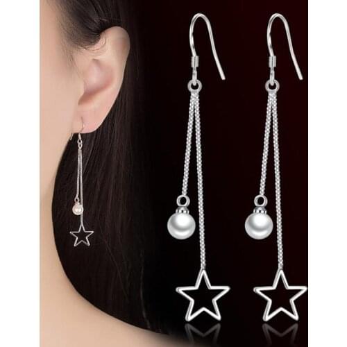 Women Silver Ear Drop Earrings Decorated Tassel Pearl Silver Earrings Long Exaggerated Ears Jewelry Five-pointed Star Earrings