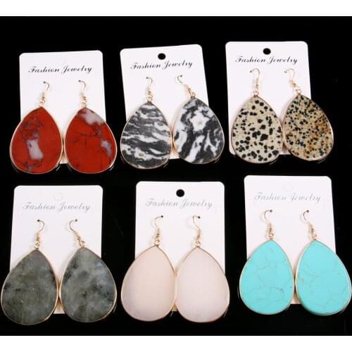 Women Dangle Earrings Flat Drop Shaped Semi-Precious Stone Temperamen Earrings for Women Girl