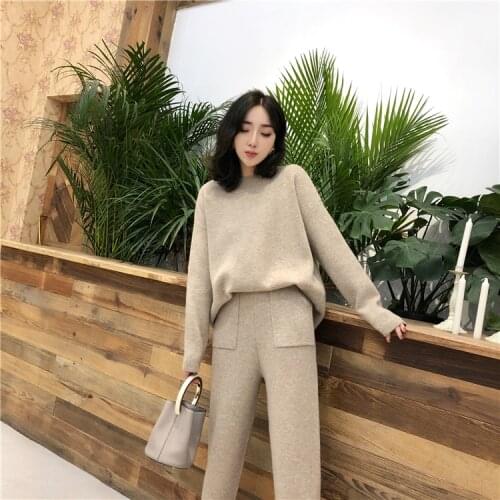 Womens suit Winter Knitted 2 pieces Set Tracksuits Women Thick Warm O-neck Loose Sweater+Ankle-Length Pants Warm Cashmere Suit