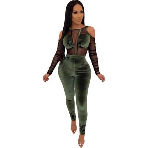 Womens Sexy See-Through Mesh Gold Velvet Stitching Jumpsuit With A Long Sleeve Off-The-Shoulder Costume