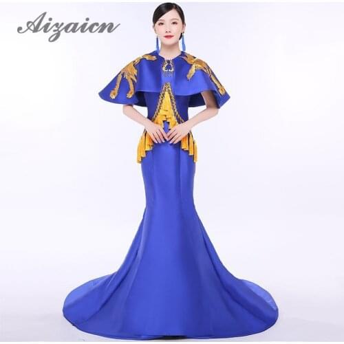 2018 Sexy Tassel Royal Blue Evening Dress Elegant Luxury Mermaid Long Formal Party Dresses Traditional Chinese Wedding Gown