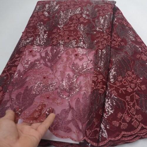 5yards/pc) wine red African party lace fabric 2019 latest sequins French net lace fabric with beads for party dress FLP156