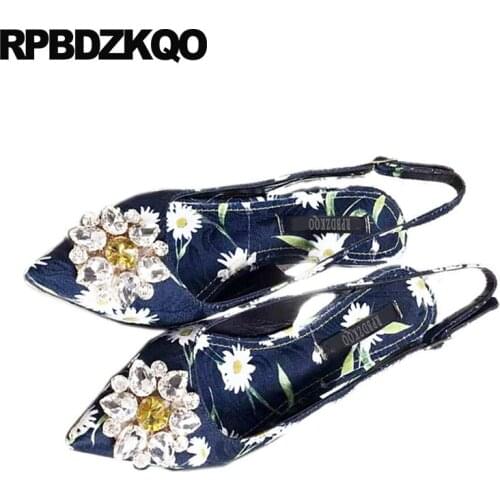 Satin flower printed high heels shoes 3 inch pointed toe slingback crystal pumps scarpin ladies evening diamond big size 33