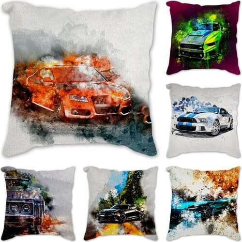 Retro car Flowers Linen Cushion Cover 45X45cm Pillow Case Home Decorative Pillows Cover For Sofa Car Cojines Watercolor painting