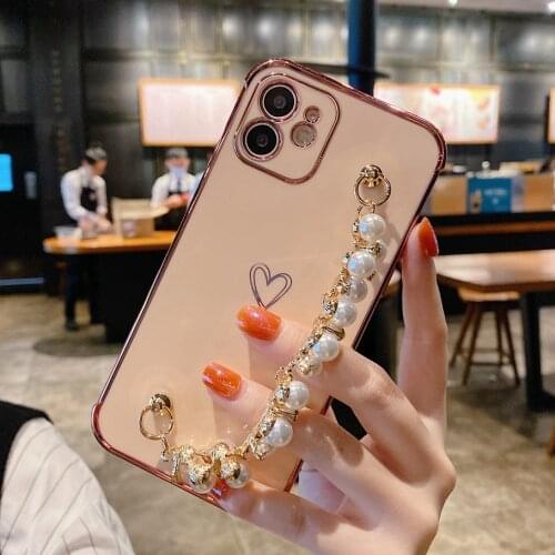 Luxury Pearl Bracelet Case for iPhone 7 8 Plus X Xs Max Xr Girls Plating Heart Case for iPhone 12 11 Pro Max Wrist Strap Cover