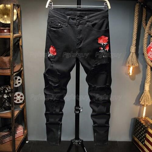 New Style Black Embroidered Rose Flower Stretch Jeans Mens Ripped Hole Jeans Trendy Pants Fashion Slim Casual Denim Trousers